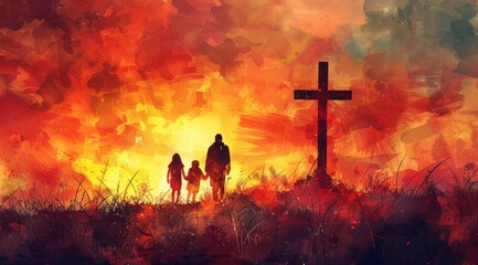 Wall Mural - Easter resurrection concept: Silhouette of a family looking for the cross of Jesus Christ on the background of an autumn sunrise.
