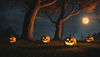 Eerie Halloween Scene: Jack O' Lanterns Casting Shadows in the Dark Forest