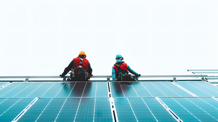 Two solar panel technicians in hard hats and safety gear install solar panels on a commercial building isolated on white background, minimalism, png
