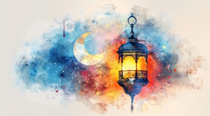 Glowing ramadan lantern with crescent. Islamic greeting cards for Muslim holidays and Ramadan. Banner template for celebration ramadan., white background, watercolor style. text 2025 