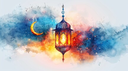 Wall Mural - Glowing ramadan lantern with crescent. Islamic greeting cards for Muslim holidays and Ramadan. Banner template for celebration ramadan., white background, watercolor style. text 2025 