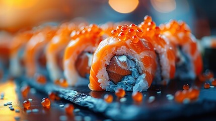 Wall Mural -   A close-up of a sushi roll on a plate with a bite taken out of one of the rolls