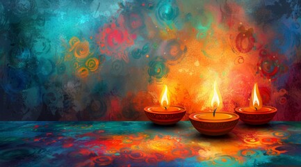 Wall Mural - Happy Diwali greeting card, background with colorful oil Clay Diya lamps on table. Diwali Hindu festival of lights celebration. Colorful traditional Diwali web banner 