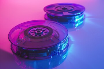 Two cassette tapes illuminated in neon blue and pink lights reflect a retro music vibe.