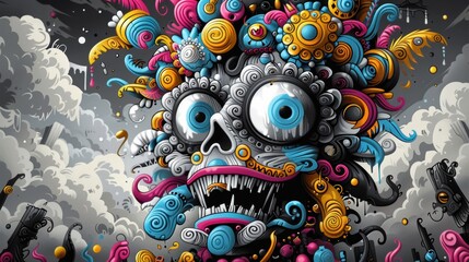 Wall Mural - A colorful painting of a skull with many eyes and flowers, AI
