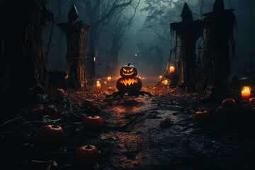 halloween background with pumpkin and bats, generative ai