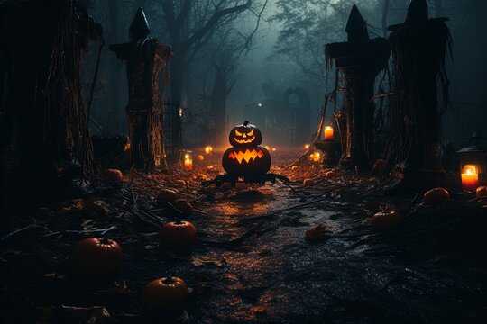 halloween background with pumpkin and bats, generative ai
