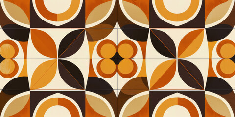 Wall Mural - Retro Geometric Background with Symmetrical Floral and Circular Patterns. Vintage Abstract Artwork