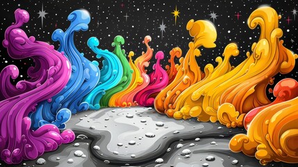 Wall Mural - A colorful painting of a rainbow flowing over the ground, AI