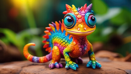 Wall Mural - Cheerful cartoon lizard exploring a vibrant and colorful garden

