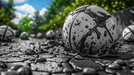 Wall Mural - A close up of a basketball on the ground with water dripping off it, AI