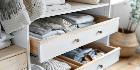 Closeup open closet drawers with folded clothes in white room minimal interior