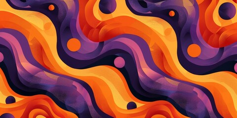 Wall Mural - Retro Style Colorful Abstract Pattern with Flowing Orange, Purple, Yellow Waves and Circular Shapes