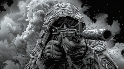 Sticker - A black and white drawing of a soldier with an assault rifle aiming, AI