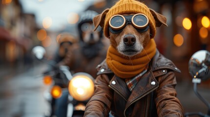 Humorous Illustration of Dogs Dressed as Biker Gang Members, Wearing Leather Jackets and Goggles, Sitting on Motorbikes