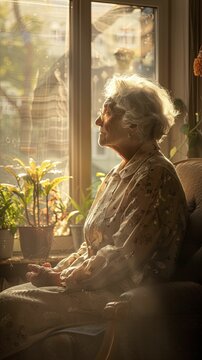 Tranquil wisdom in the golden years, elderly person sitting by the window, sunlit room, peaceful and warm atmosphere creating a sense of serenity.