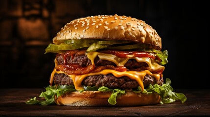 Wall Mural - A close-up shot of a gourmet burger with juicy beef patty, melted cheese, and fresh lettuce  