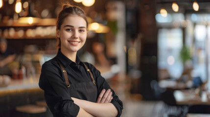 Wall Mural - Smiling young woman standing with arms crossed in a coffee shop