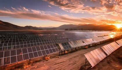 Wall Mural - Sunset over a large solar panel array generating renewable energy on a beautiful day in California