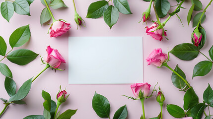 Wall Mural - Blank White Card with Pink Roses and Green Leaves on Pastel Pink Background for Romantic and Elegant Invitations