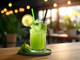 A Glass of lemon juice with green and yellow lemon, Refreshing and healthy lemon juice ice in a glass with summer background, lemon juice photo