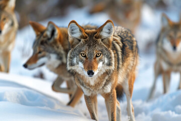  A pack of coyotes hunting in the snow, their sharp eyes and keen senses focused on their prey.
