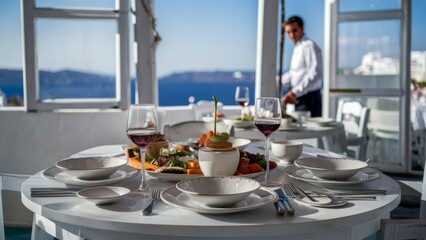 Poster - A table with plates and glasses on it next to a man, AI