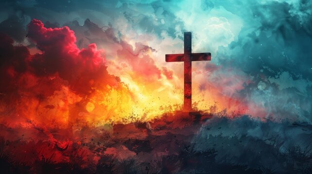 Vibrant Watercolor Cross of Christ Generative AI