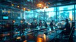 © Barbara Taylor - business meeting in a modern cyberpunk open space office interior blurred with information technology overlay