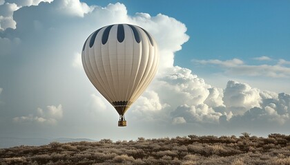 A solo hot air balloon against a white backdrop, under a clear blue sky with fluffy clouds.