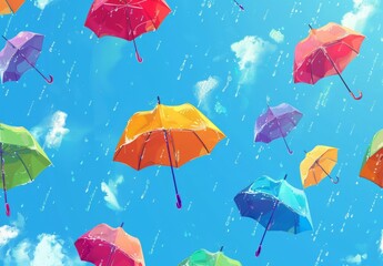 Wall Mural - pattern of colorful umbrellas floating in the sky, with raindrops falling gently around them Generative AI