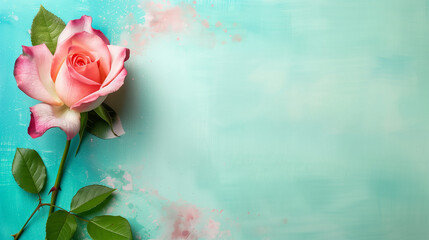 Wall Mural - Single Pink Rose on Turquoise Background for Romantic and Elegant Floral Designs