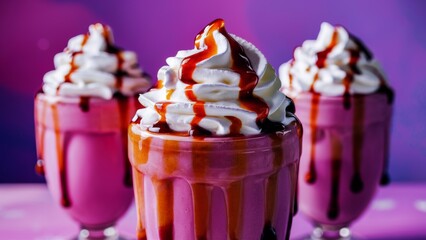 Sticker - Three pink milkshakes with whipped cream and caramel drizzle on top, AI