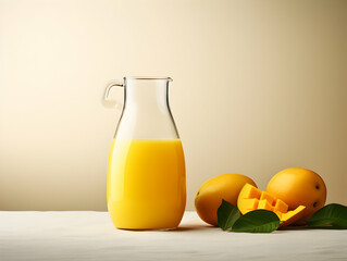 A Glass of mango with ripe mango, Refreshing and healthy mango juice ice in a glass with summer background, mango juice photo