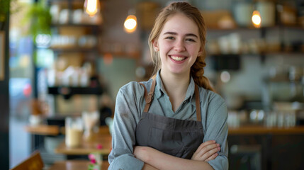 Wall Mural - Happy young female barista wearing an apron stands in a cozy cafe