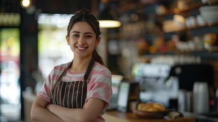 Wall Mural - Cheerful young barista with arms crossed standing in a cozy café setting