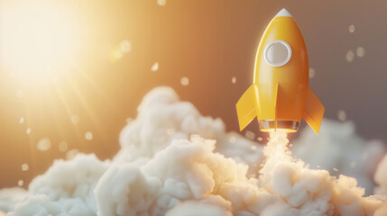 Poster - Digital illustration of a yellow toy rocket soaring through clouds against a radiant sunrise background