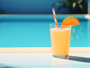 A Glass of orange juice with slice of orange, Refreshing and healthy orange juice ice in a glass with summer background, orange juice photo