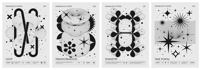 Leinwandbilder - Brutalist style vector minimalistic Posters with silhouette basic figures, Retro futuristic graphic elements of geometrical shapes rave composition, Modern monochrome print artwork, set 63
