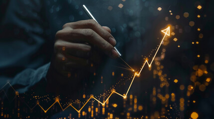 Poster - Hand holding a pen pointing to a glowing graph showing growth on a dark, tech-themed backdrop