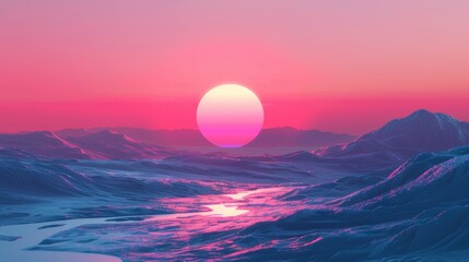 A beautiful pink and blue sky with a large sun in the middle