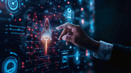 Poster - Close-up of a hand touching a digital screen with rocket launch graphics, symbolizing startup growth