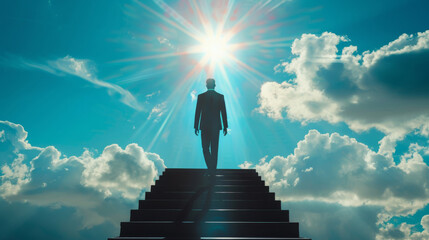 Aufkleber - Man in a suit climbing stairs towards a bright sun, symbolizing success