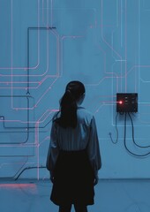 Wall Mural - A woman stands in front of a wall of wires and circuits