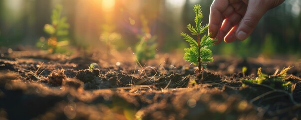 A young pine tree sapling standing upright in brown soil against a blurred forest background, symbolizing growth and the environment.