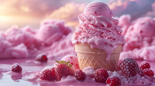 On a table with strawberries, delicious desserts, pink clouds with keto ice cream, restaurant banner, tasty ice cream with strawberries on a table