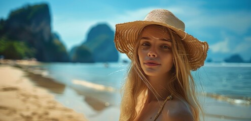 Wall Mural - Woman Walking Along Beach by the Ocean