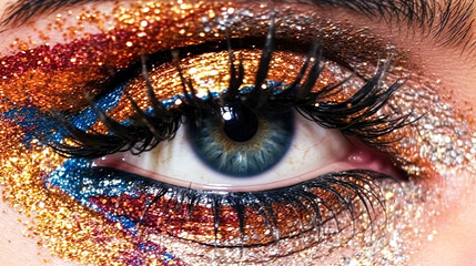 Wall Mural - A woman's eye is covered in glitter and colored with gold, blue, and red