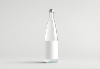 Wall Mural - Glass bottle of water with empty, blank label, white sticker area for brand logo. Isolated on gray background. Concept of mockup mock-up shablon template advertising montage. Copy space for text