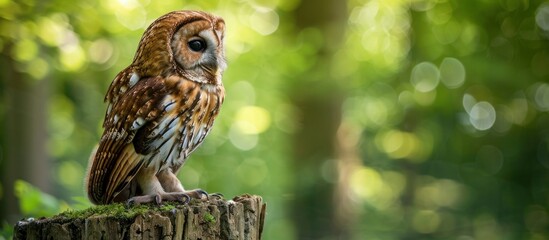 Wall Mural - Tawny owl perched on a fence post